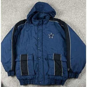 Vintage Dallas Cowboys Jacket Mens Large Blue Logo Athletic Puffer Hood NFL 90s